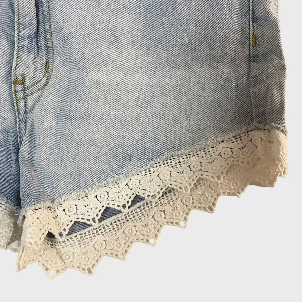 Free People Good Vibes Lace Hem Denim Shorts Womens 27 Blue Light Wash Crochet